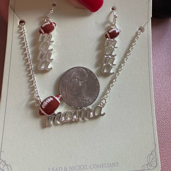 NWT BOUTIQUE FOOTBALL 'MAMA' SILVERTONE NECKLACE AND EARRINGS SET - Picture 2 of 2